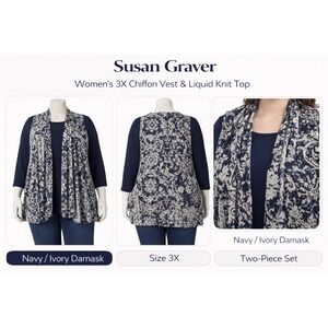 Susan Graver Womens 3X Chiffon Vest & Liquid Knit Top Navy Ivory Damask A216241